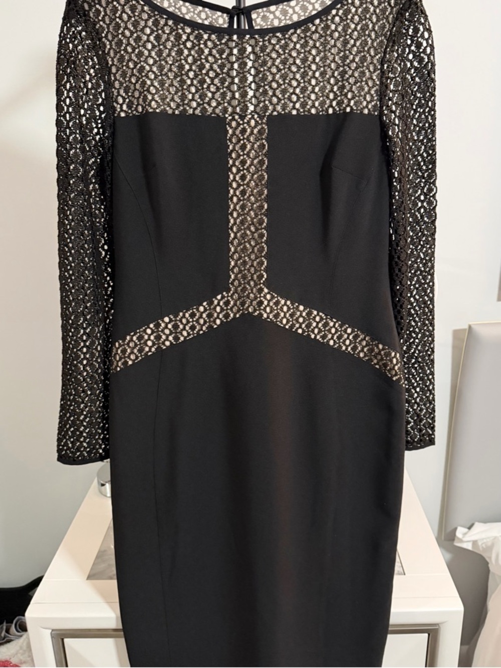 Source Unknown Black Lace-Panel Long Sleeve Sheath Dress